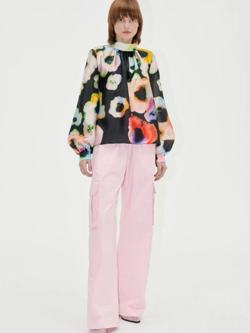 STINE GOYA High-Neck Floral Blouse in Black, Orange, Yellow, Pink, Blue